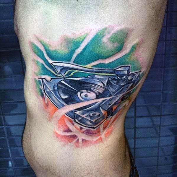 Colored cassette tape tattoo on the side for men