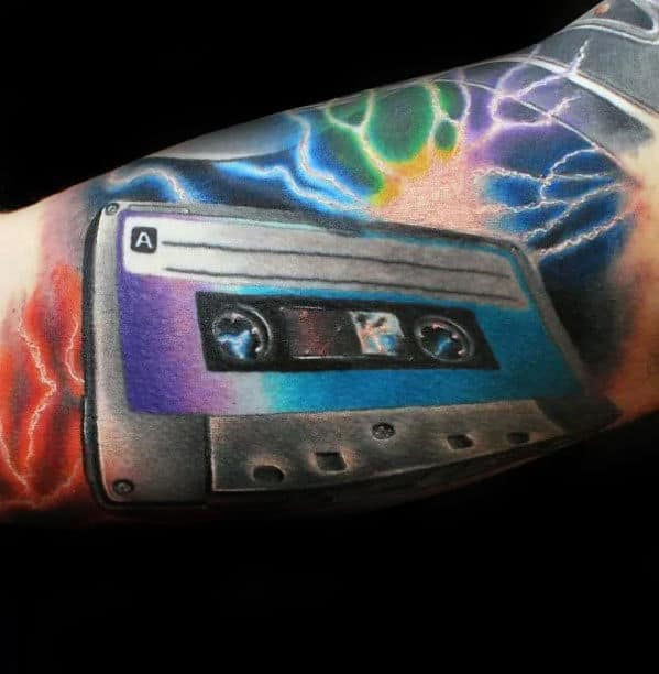 Cassette tape tattoo on the arm for men