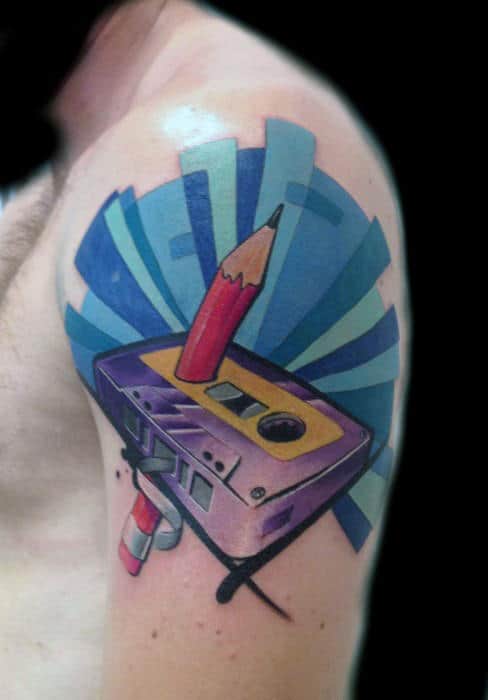 Cassette tape tattoo on the shoulder for men