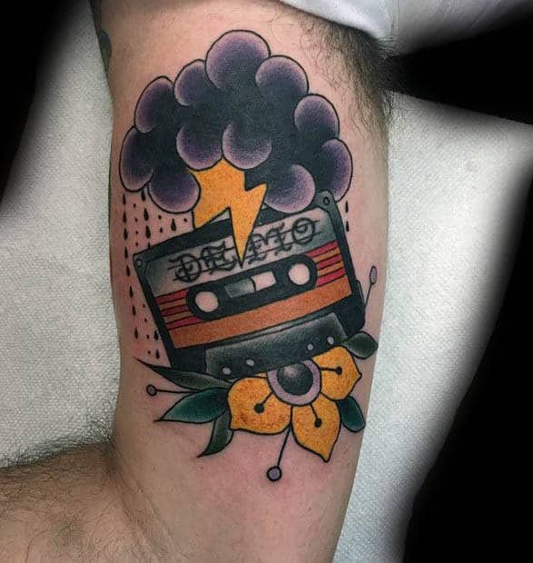 Cassette tape tattoo on the shoulder for men