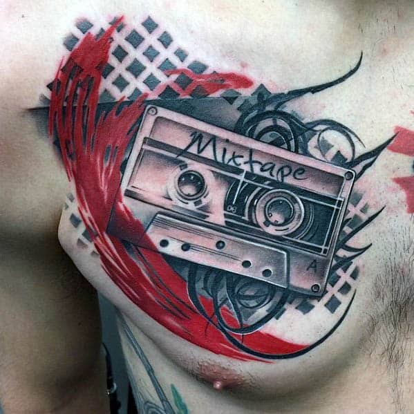 Large cassette tape tattoo on chest for men