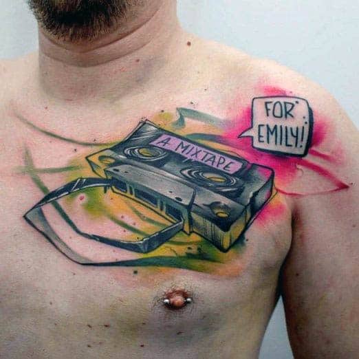 Cassette tape tattoo on chest for men