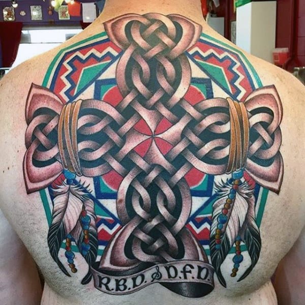 Celtic cross color tattoo on back for women