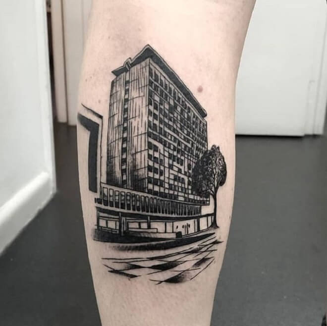 City tattoo on the calf for men