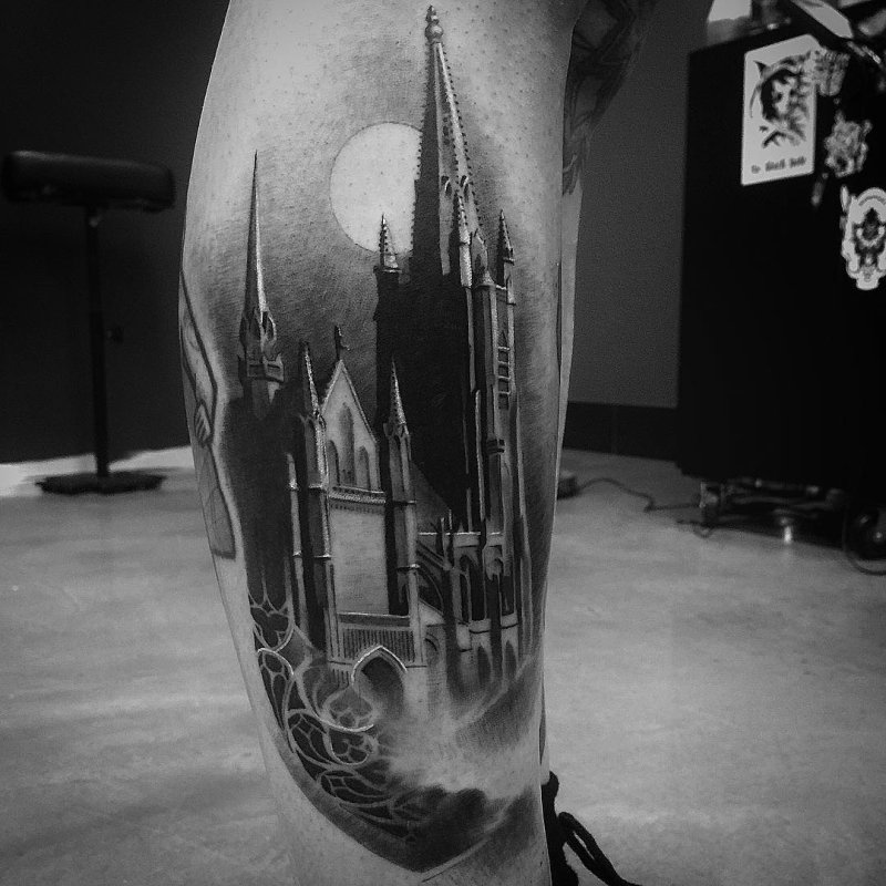 City tattoo on the shin for men