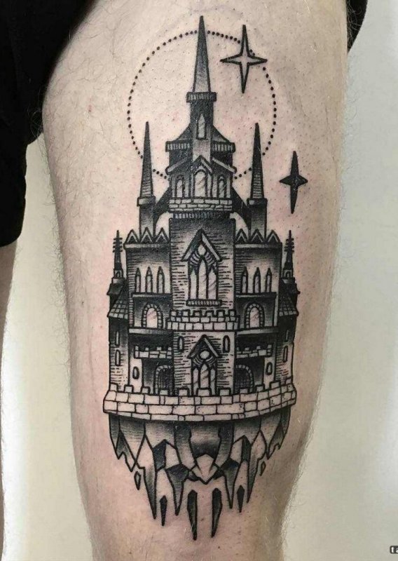 City tattoo on the thigh for men