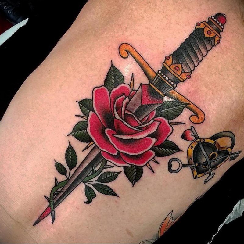 Dagger tattoo on thigh for men