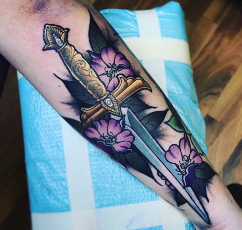 Dagger tattoo on leg for men