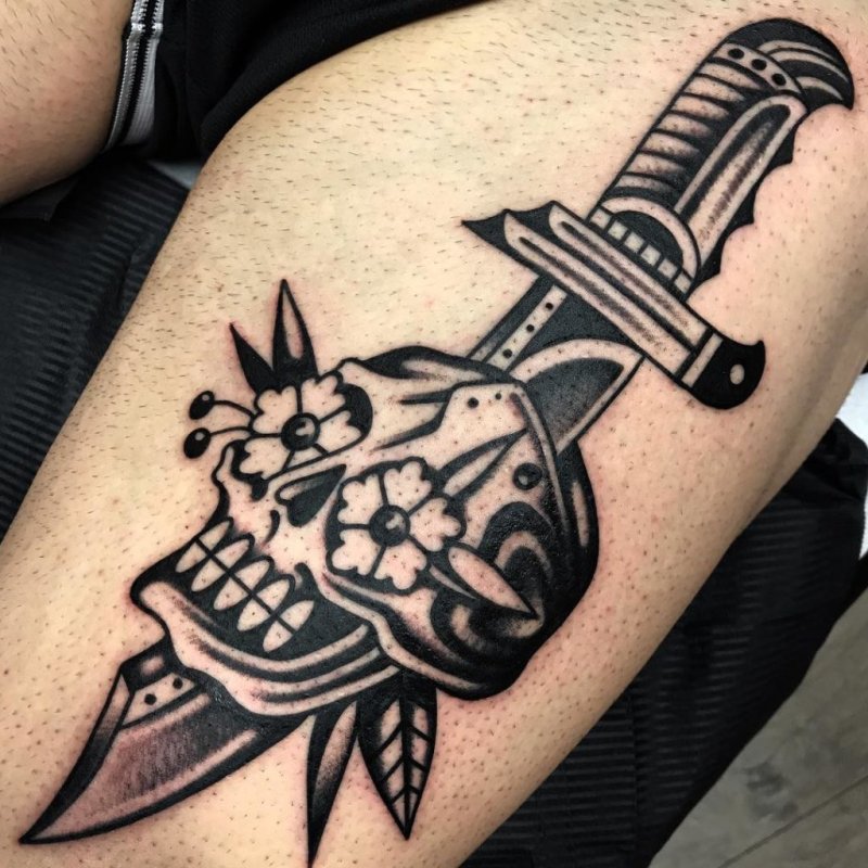 Dagger and skull tattoo on thigh for men