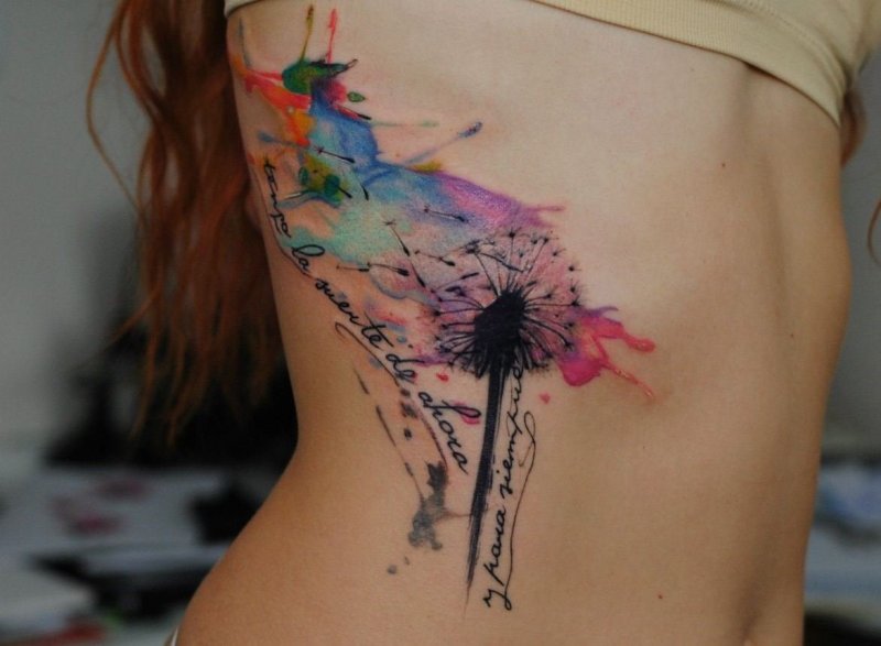 Watercolor style tattoo on the side for women