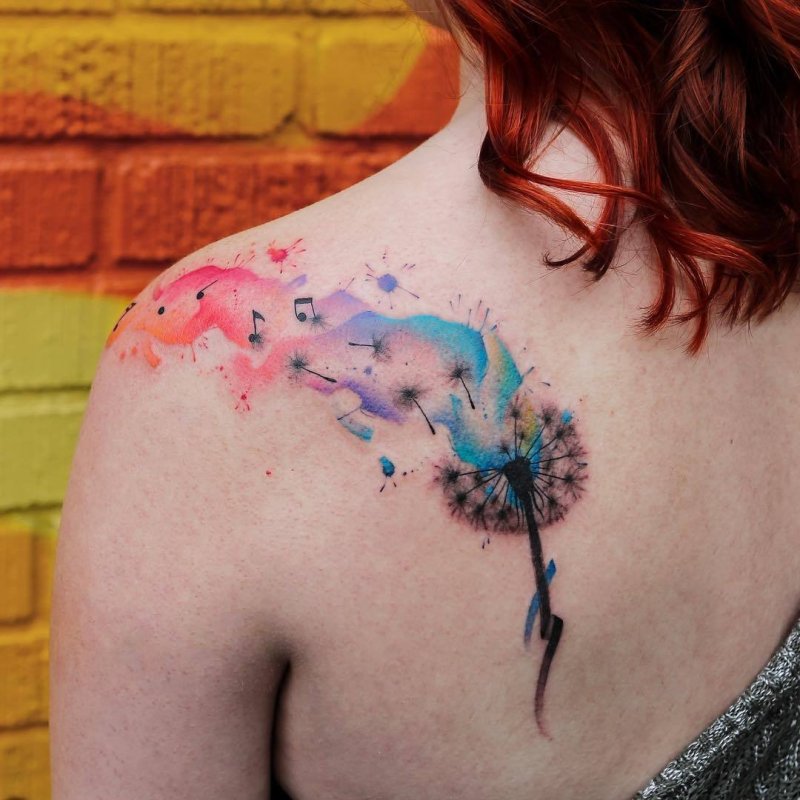 Watercolor style tattoo on the shoulder blade for women