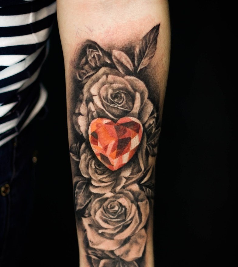  Diamond and rose tattoo on forearm for women