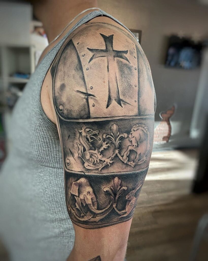 Armor tattoo on shoulder for men