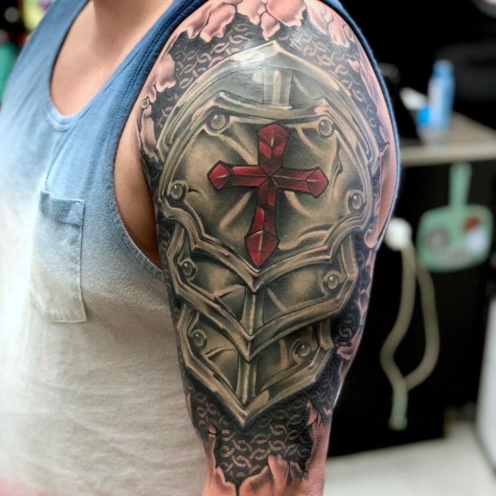 Color armor tattoo on shoulder for men