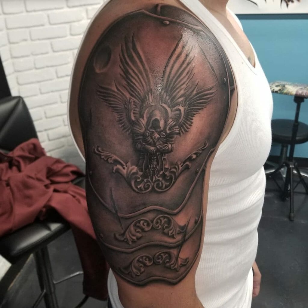 Armor tattoo on shoulder for men