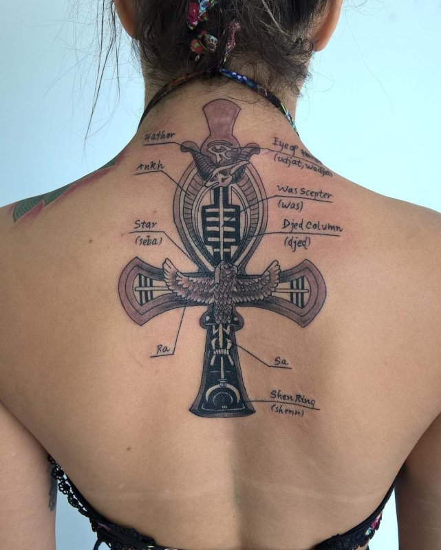 Large ankh tattoo on the back for women