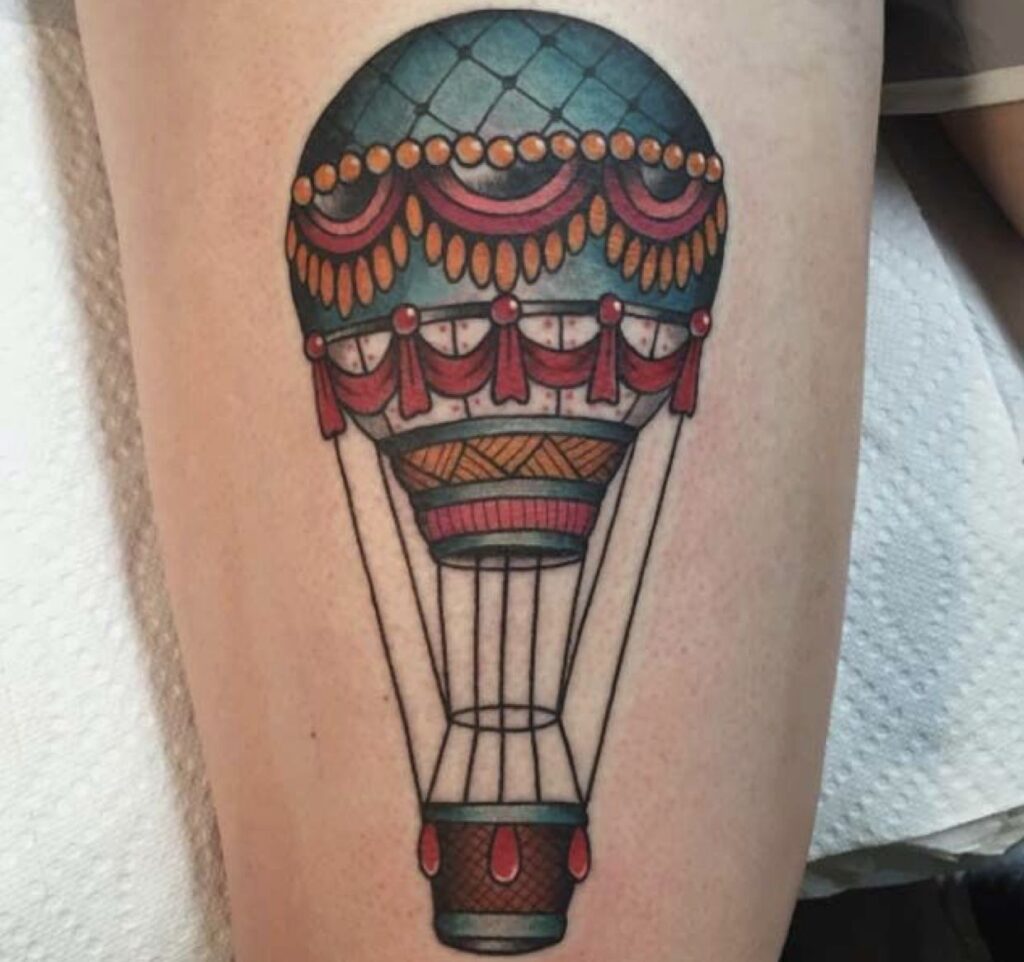 Color balloon tattoo on thigh for men