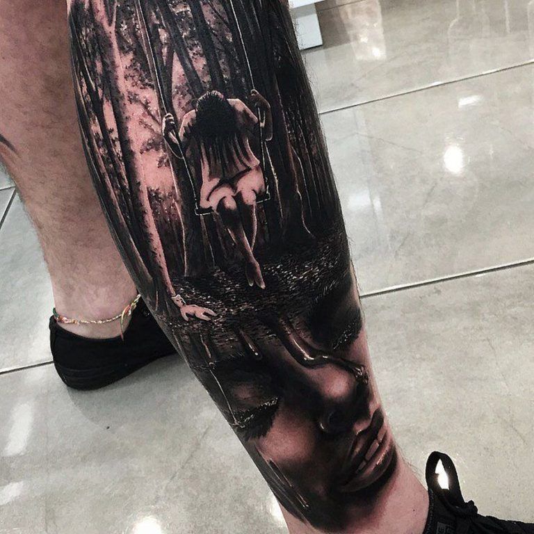 Horror style tattoo on the shin for men