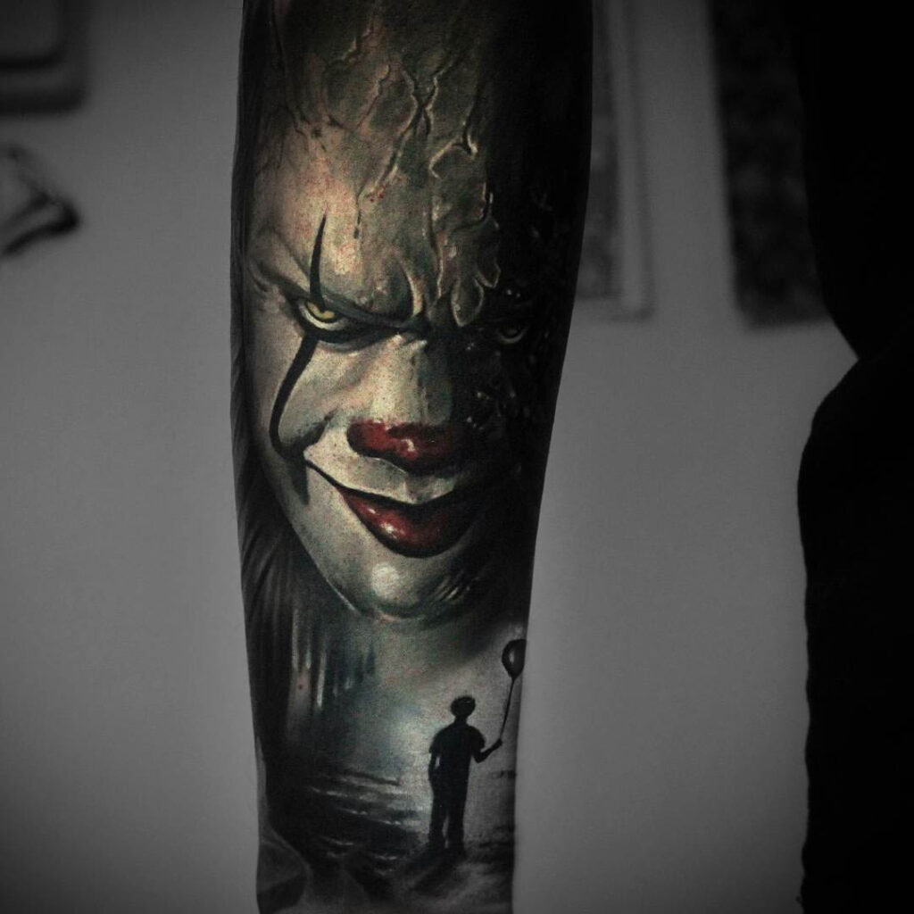 Large horror style tattoo on forearm for men