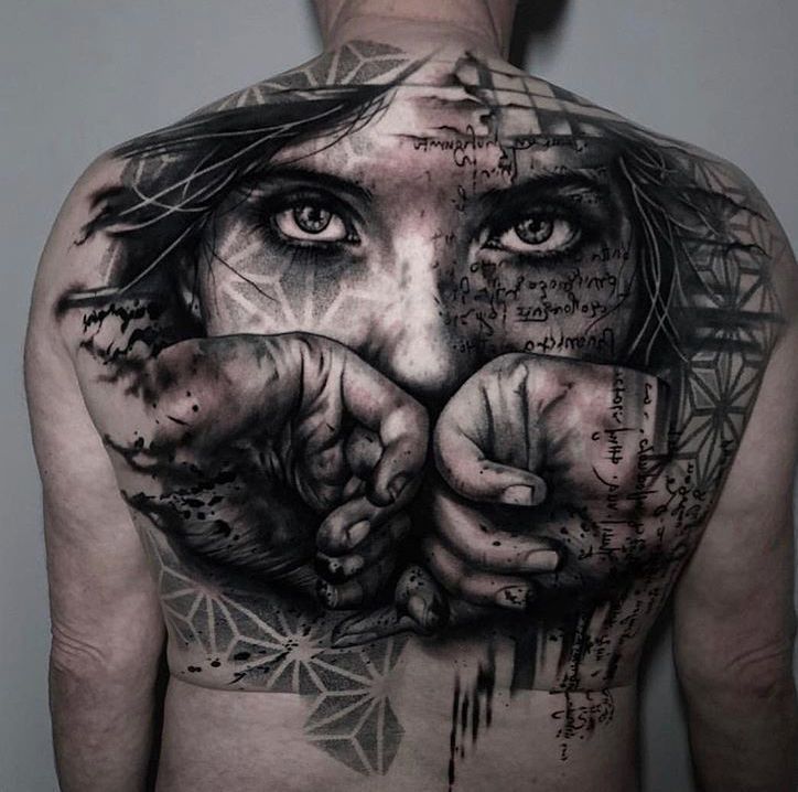 Horror style tattoo on the back for men