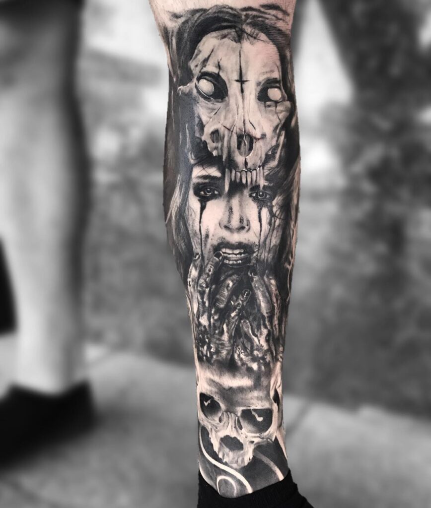 Horror style tattoo on the shin for men