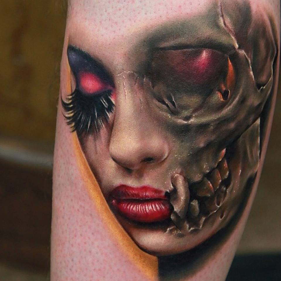 Colorful horror style tattoo on the leg for men