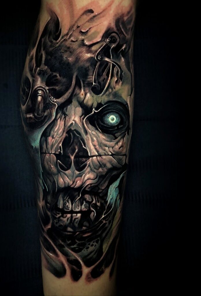 Horror style tattoo on the arm for men