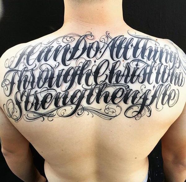 Lettering style tattoo on the back for men