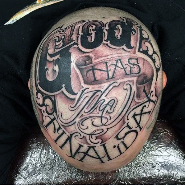 Lettering style tattoo on the head for men