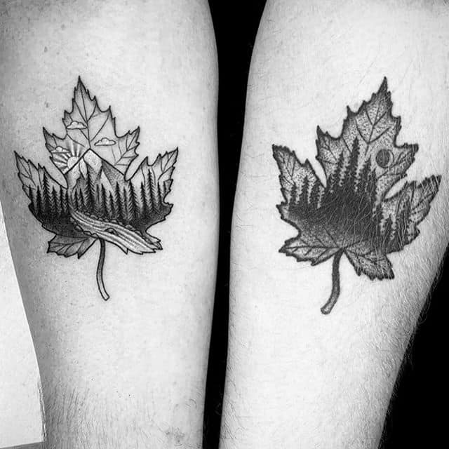 Maple leaf tattoo on arms for men