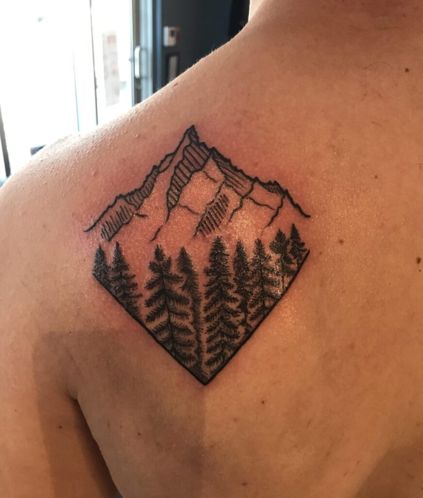 Mountain tattoo on the shoulder blade for men