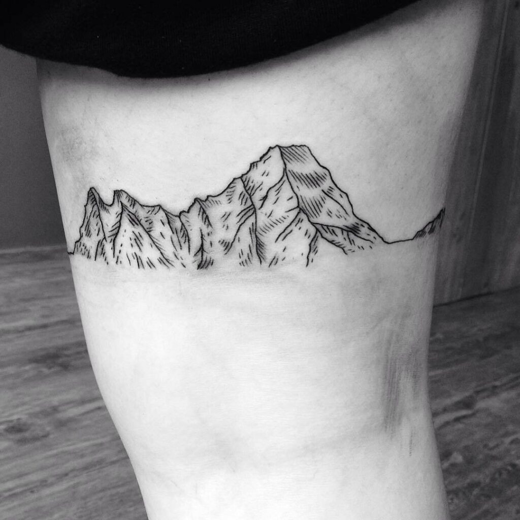 Mountain tattoo on thigh for men