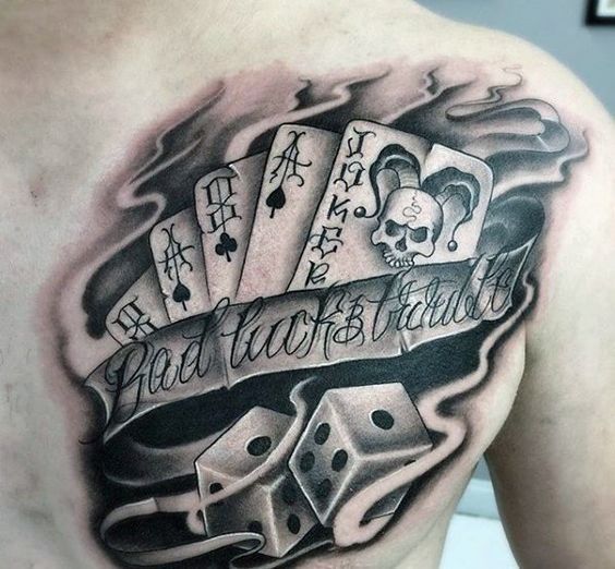 Tattoo of playing cards on chest for men