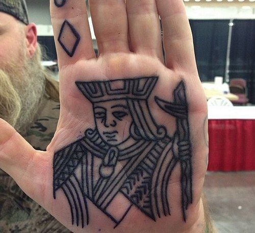 Tattoo of playing cards on the palm of the hand for men