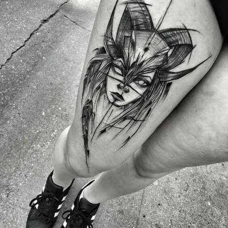 Sketch style tattoo on thigh for women