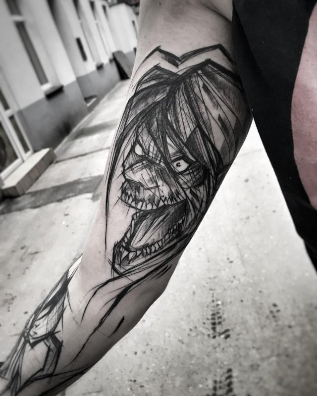 Large sketch style tattoo on the arm for men