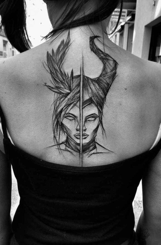 Sketch style tattoo on back for women