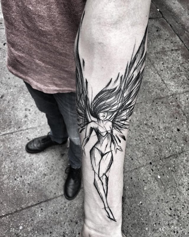 Sketch style tattoo on forearm for men