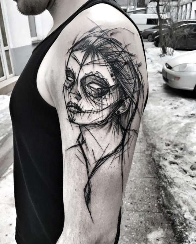 Sketch style girl tattoo on shoulder for men