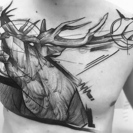 Sketch style moose tattoo on chest for men