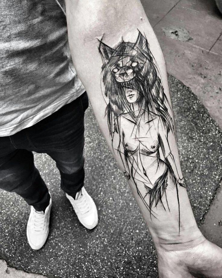 Sketch style tattoo on forearm for men