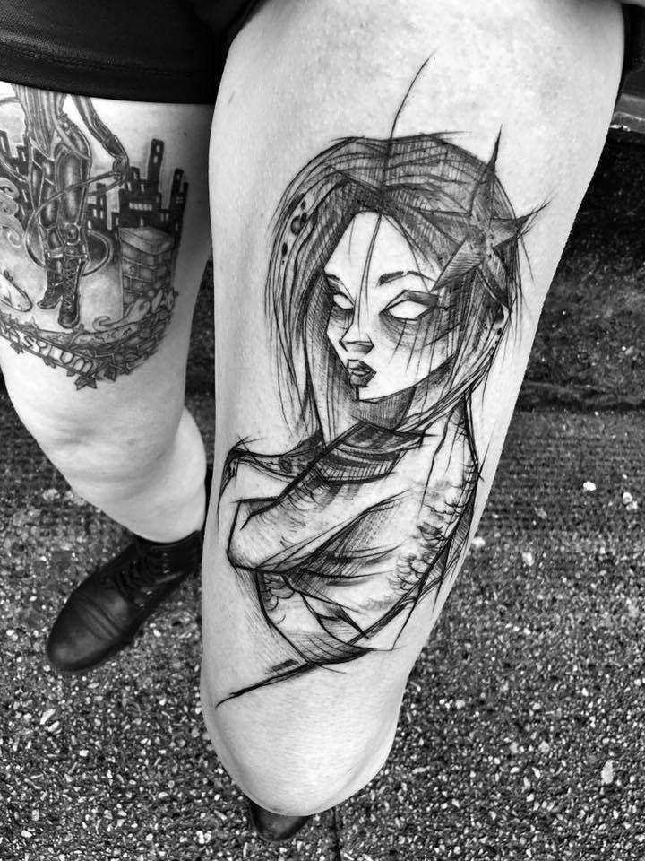 Sketch style girl tattoo on thigh for men