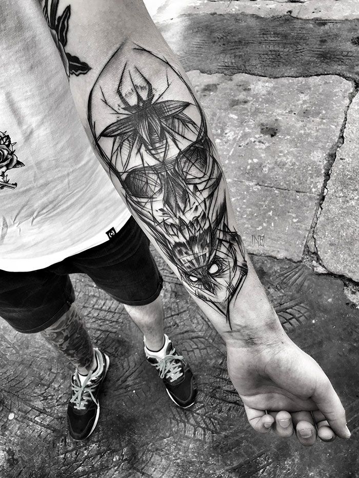 Sketch style skeleton tattoo on forearm for men