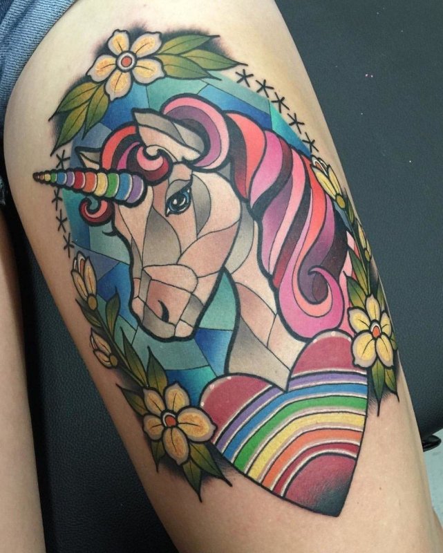 Unicorn tattoo on thigh for women