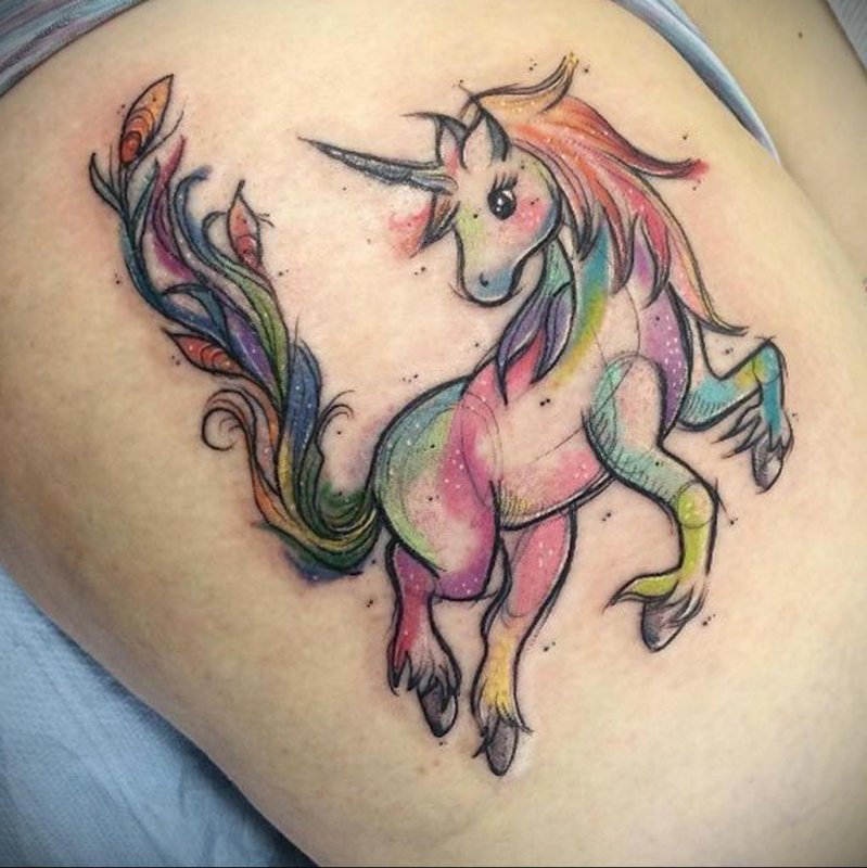 Unicorn tattoo on thigh for women