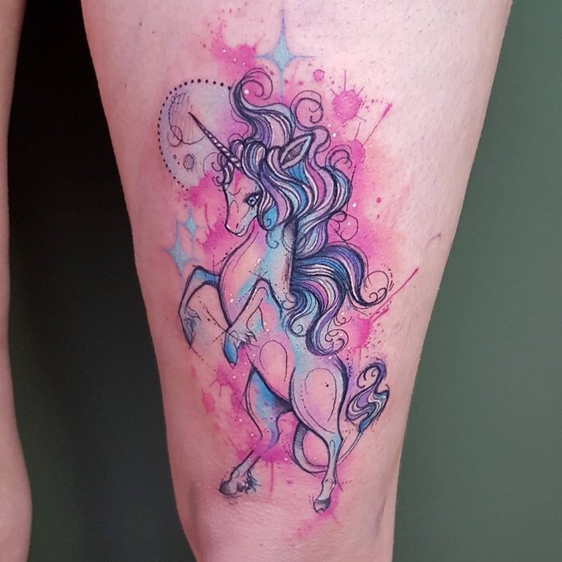 Unicorn tattoo on leg for women