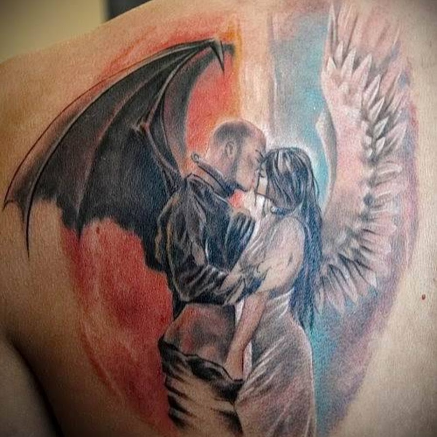 Angel and demon tattoo on the shoulder blade for men