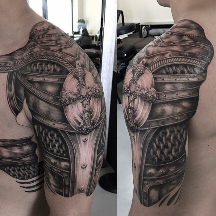 Armor tattoo on shoulder for men