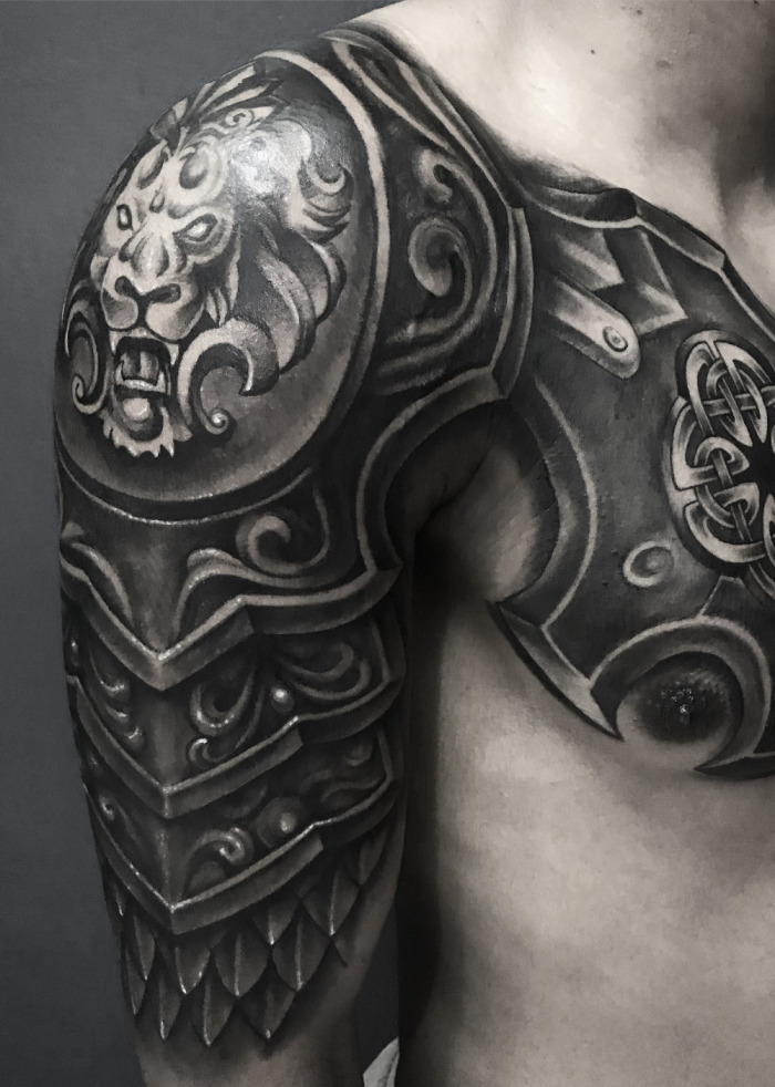 Armor tattoo on shoulder for men