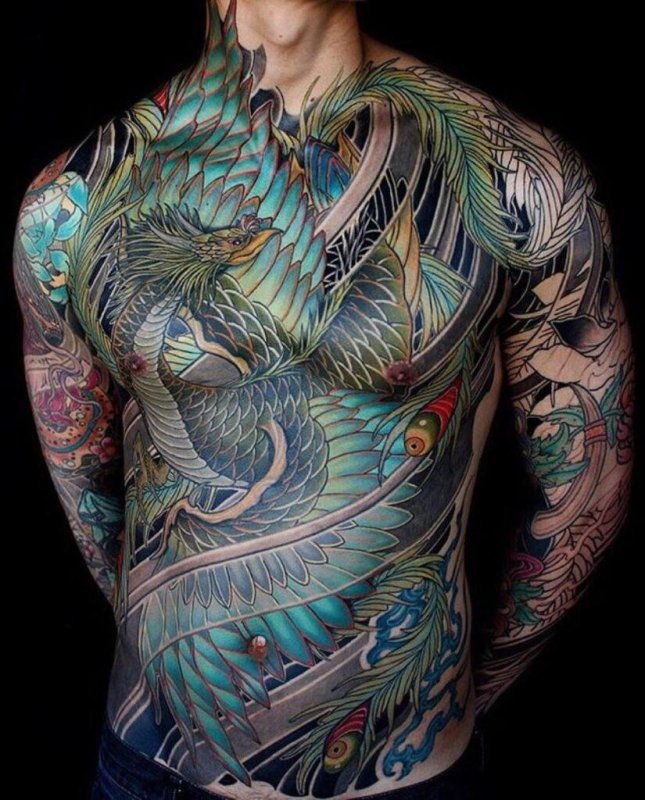 Large fantasy style tattoo on the abdomen for men